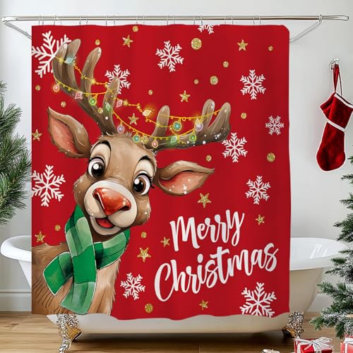 Reindeer Christmas Decor Merry Shower Curtain Snowflake Red Sets with