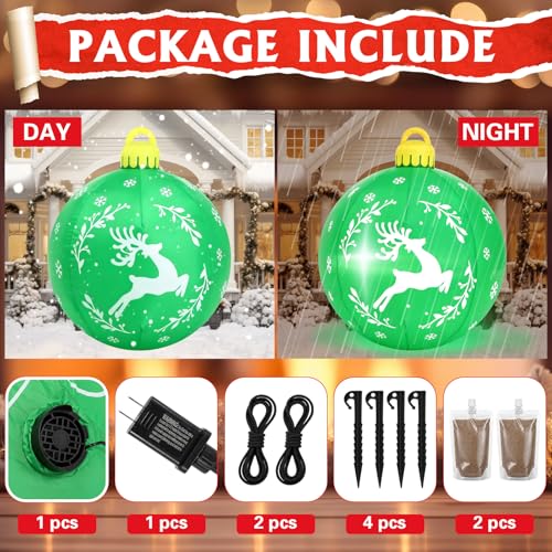 Vertintong 4 Ft Green Elk Christmas Inflatable Ball with LED Lights Outdoor Decor