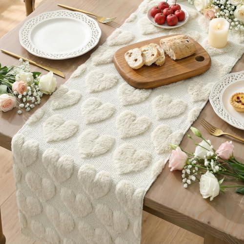 Artoid Mode Beige Soft Plush Faux Fur Jacquard Love Heart Table Runner 13x72 - Home Kitchen Decor
