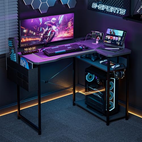 Acrolix 40-Inch L-Shaped Gaming Desk with Power Outlets - Reversible Shelves, Black Carbon