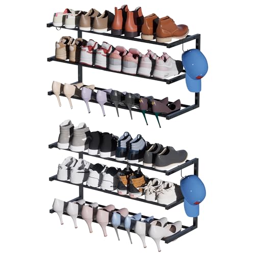 Jchccu 2 Pack Black Wall Mounted Shoe Rack, 3-Tier Expandable Organizer with Hooks