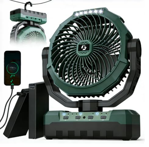 Rechargeable Camping Fan 36000mAh with Detachable Battery & Green Variant