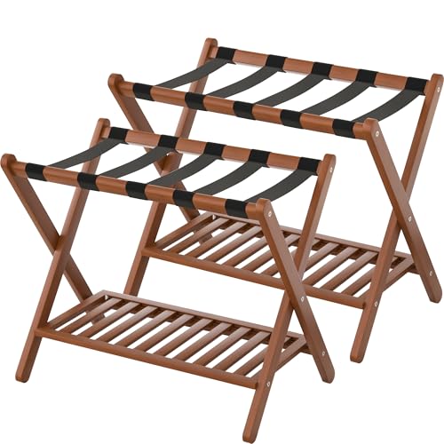 Natuvite Chestnut Brown Foldable Bamboo Luggage Rack Set of 2 with Storage Shelf