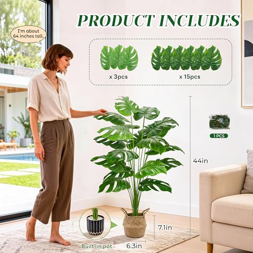 Der Rose 44-Inch Tall Artificial Monstera Tree with Round Woven Basket - Home Decor