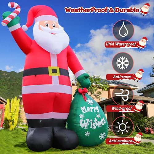 12FT Inflatable Santa Claus with LED Lights, Candy Cane & Gift Bag Yard Decor