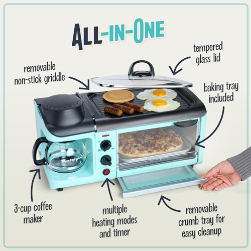 Aqua Nostalgia 3-in-1 Breakfast Station with Coffee Maker, Toaster & Griddle - Retro Style