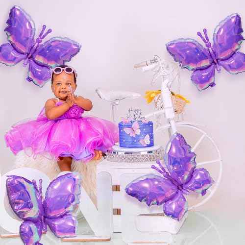 Rainbow Crystal Iridescent Purple Woodland Butterfly Balloon, Sparkle Charmingly 4 Pack Butterflies Balloons For Wedding Birthday Baby Shower Spring Summer Party Decorations Supplies