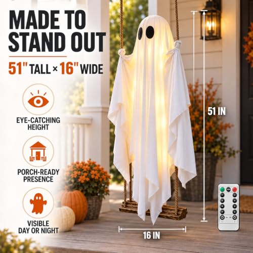 Halloween Outdoor Swinging Ghost with Lights - 5 FT Light Up Ghost Porch Decor with Remote String Lights - Halloween Yard & Entryway Decoration