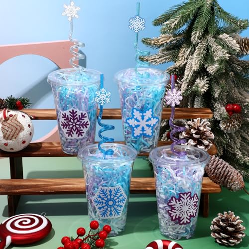 Vesici 124-Piece Snowflake Party Cups Kit with Lids, Straws, Stickers & Raffia – Blue/White Snowflake Theme, 24 Sets