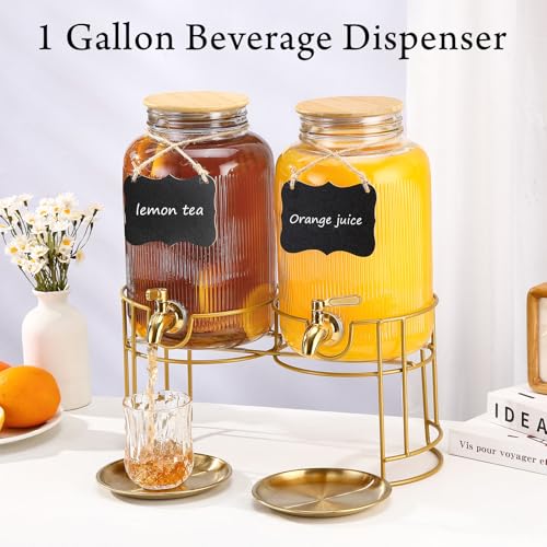 1 Gallon Glass Drink Dispenser with Stand & Spigot for Parties and Events