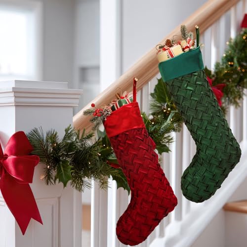 Luxury Satin Christmas Stockings 20-Inch Red and Green Holiday Decor (Set of 2)