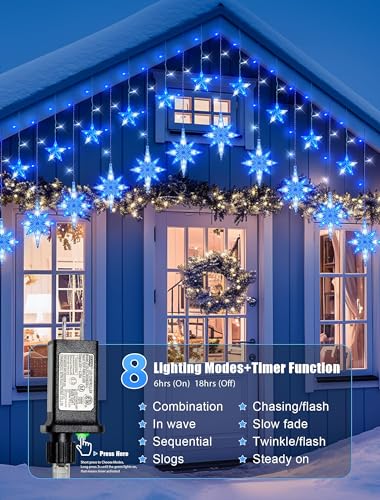 BEEWIN Blue White 126 LED Star Icicle Outdoor String Lights with Bethlehem & Small Stars