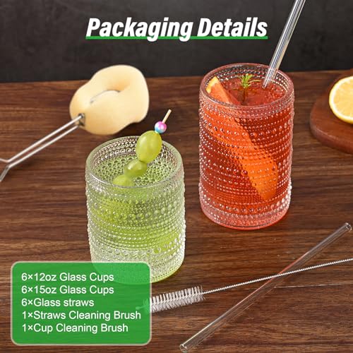 ZMOWIPDL Set of 12 Clear Hobnail Glass Drinking Cups 12oz & 15oz with Straws