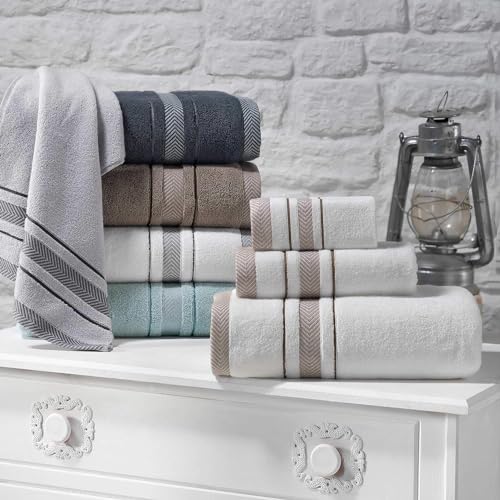 White/Grey Luxury 6-Piece Cotton Bath Towels Set - Soft Absorbent Quick Dry