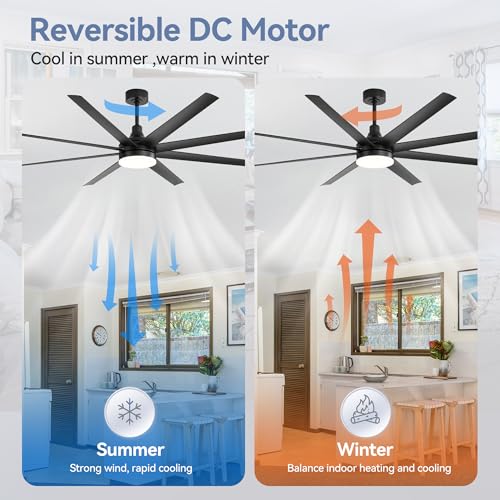 Black 72-Inch Ceiling Fan with Lights & Remote Control - Reversible Blades, 6-Speed DC Motor, Timer