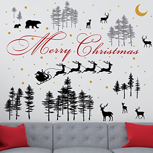 Kisston 3 Sheets Christmas Nursery Wall Decal Forest Deers Wall Stickers Woodland Nursery Decor Vinyl Bear Wall Stickers for Living Room Pine Tree Wall Decor with Stars for Room Bedroom