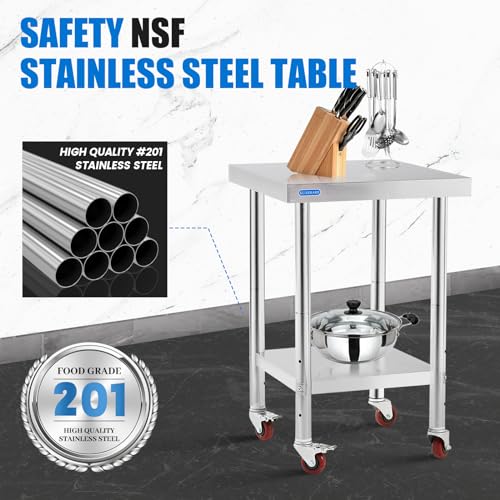 Stainless Steel Prep Table with Wheels & Adjustable Undershelf - 18x24 NSF Commercial Kitchen Workstation