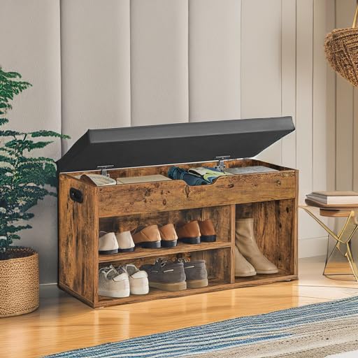 VASAGLE Storage Bench with Cushion, Shoe Storage, Rustic Brown + Ink Black, 31.5"W