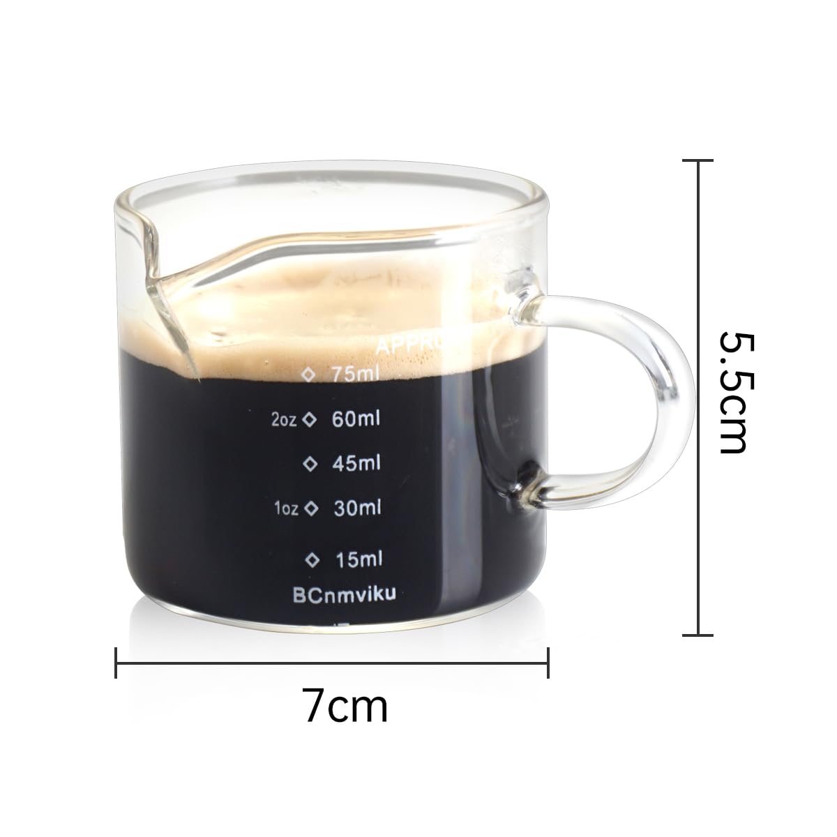 BCnmviku 2 PACK Espresso Glass Measuring Cup Triple Pitcher Milk Cup 75ML Espresso Cups with Handle Shot Glass with V-Shaped Mouth Clear Accessories Milk Frothing Pitcher (2)
