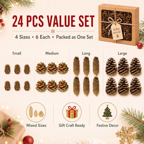 Janinka 24-Pack Gold Glitter Pine Cones - Multisize Christmas Ornaments