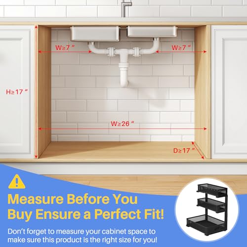 Under Sink Organizer 3-Tier Metal Pull-Out Shelf, Height Adjustable, 2-Pack Black