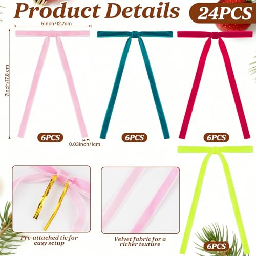 Shaxcoq Multi-Color Velvet Christmas Tree Bows 24-Pack, 5x7 with Twist Ties