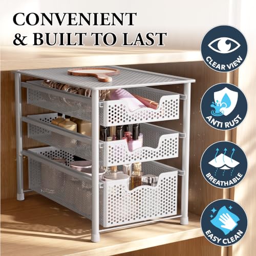 3-Tier White Sliding Basket Organizer - Space-Saving Kitchen & Bathroom Storage