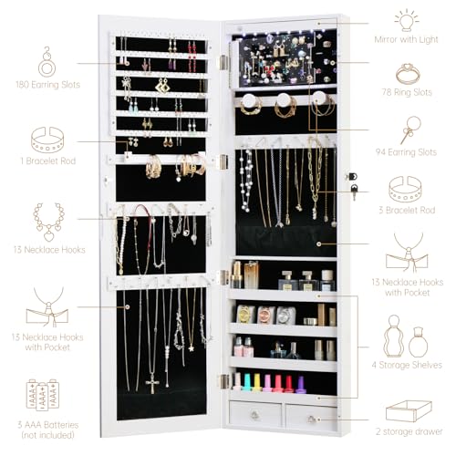 Off White LED Mirror Jewelry Armoire Door Wall Mount with Storage & Drawers