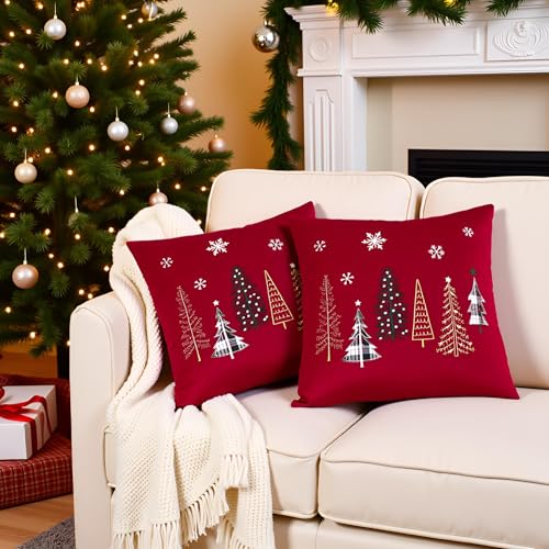 Tosleo 16x16 Inch Christmas Throw Pillow Covers Set of 2, Red Xmas Tree