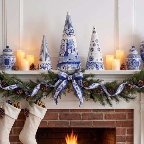 Reallnaive Blue and White Porcelain Christmas Tree Set - Chinoiserie Holiday Decor, 3 Sizes