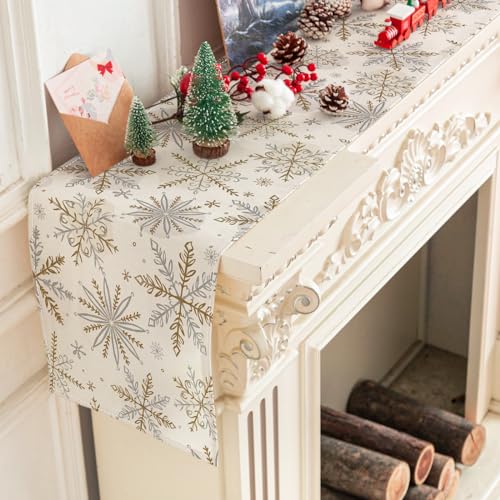 Christmas Winter Table Runner - Gold Silver Snowflake Decor 13x72 Inch