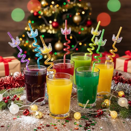 Reusable Christmas Curly Drinking Straws - 8 Pack with Cartoon Designs & Cleaning Brushes