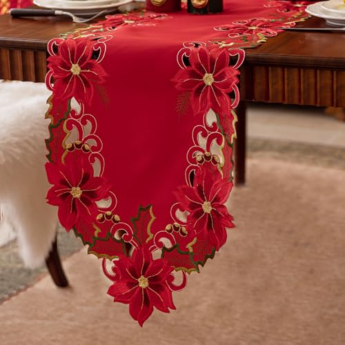 Joyfol Day Christmas Red Embroidered Table Runner 14x86 Inch - Poinsettia Holly Leaves & Acorns Holiday Decor