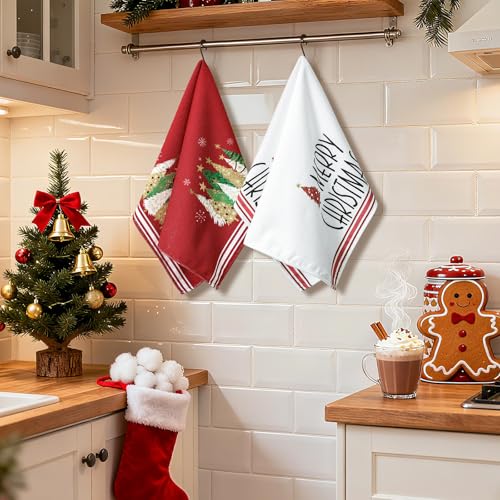 OTOSTAR Christmas Kitchen Towels Set of 2 18x26 Inch Red Tree & Snowflakes Holiday Decor