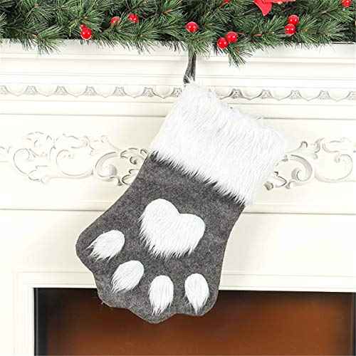 SherryDC Dog Cat Paw Christmas Stockings, Plush Hanging Socks for Holiday and Christmas Decorations (Large/18in, white-grey)
