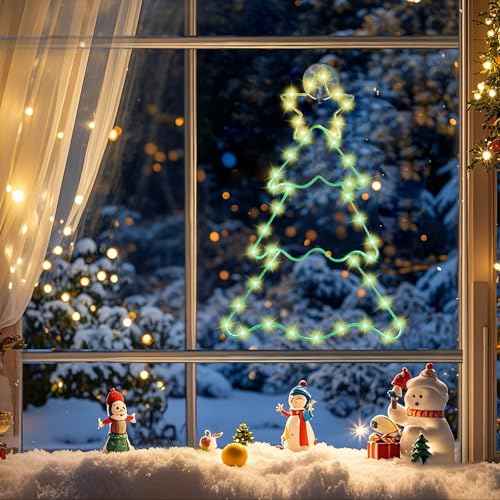 Christmas Window Silhouette Lights Decorations, Lighted Christmas Tree with Battery Operated LED Lights Hanging for Christmas Holiday Party Indoor Outdoor Wall Door Window Decorations