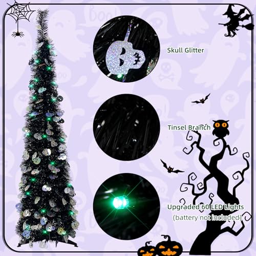 Lighted up Christmas Tree for Indoor Decoration 5FT Pre-lit Mini Balck Pop up Tree with 60 Lights,Black Tinsel with Silver Laser Skull Collapsible Tree Halloween Decorated Tree