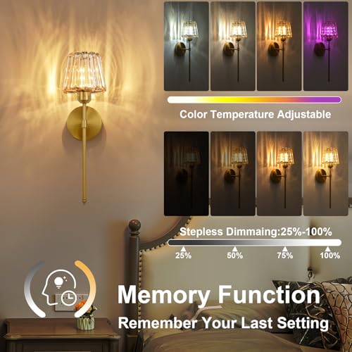 Amber Rechargeable Crystal Wall Sconce Set of 2 with Remote, Dimmable 12 Color Modes, Battery Operated LED Wall Lights for Bedroom & Living Room