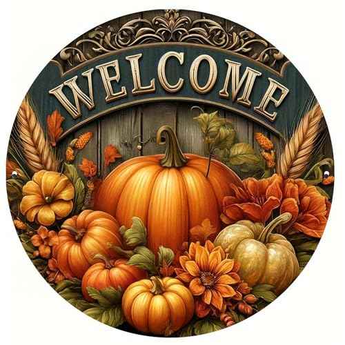H&W 2D Halloween Welcome Front Door Sign for Decor, 12inch Thanksgiving Day Wooden Welcome Decorative Sign Hanging, Porch Home Wall Outside Decor(A)