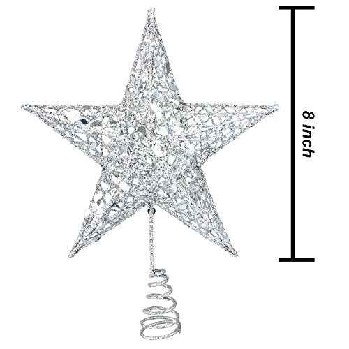 Resinta 8 Inch Metal Glittered Christmas Tree Topper Hallow Wire Star Topper for Christmas Tree Ornament (Silver)