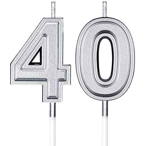 Frienda 40th Birthday Candles, Number 40 Candles, Happy Birthday Cake Topper Decoration for Men Women Anniversary Party Wedding Decoration Anniversary Celebration Supplies Theme Party(Silver)