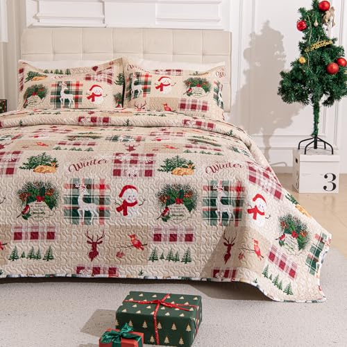 3-Piece Christmas Quilt Set Twin Size Cozy Xmas Snowman Reindeer elk
