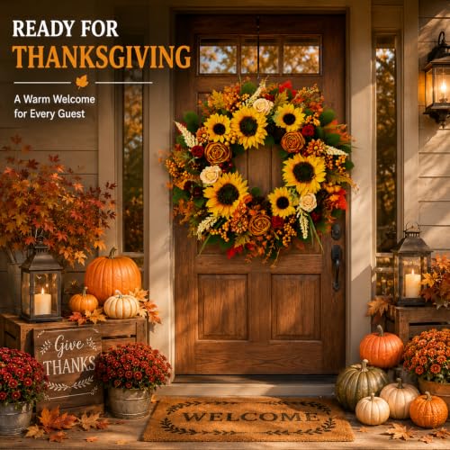 24-Inch Fall Sunflower Wreath for Front Door Autumn Harvest Decor