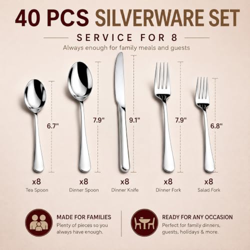 KIKCOIN 40 Pack Silverware Set for 8 - Food-Grade Stainless Steel Flatware, Utensil Set for Home & Restaurant