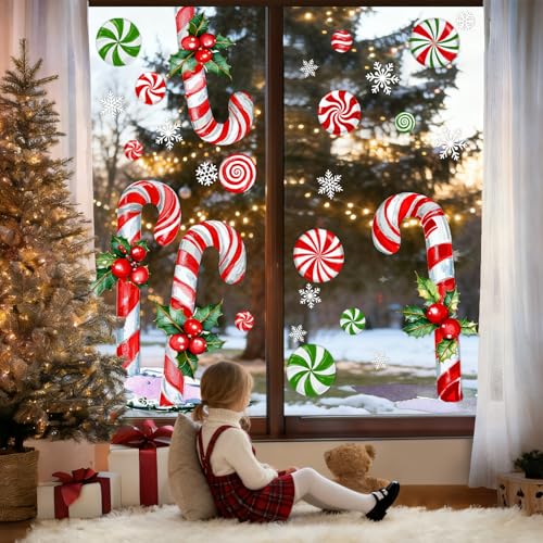 Extra Large Christmas Window Clings 13.8 x 35.4 in - 3 Sheets Red Green Candy Cane Holly Decor