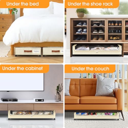 Beige Under Bed Storage Containers with Wheels 2-Pack - Clear Window & Leather Handles