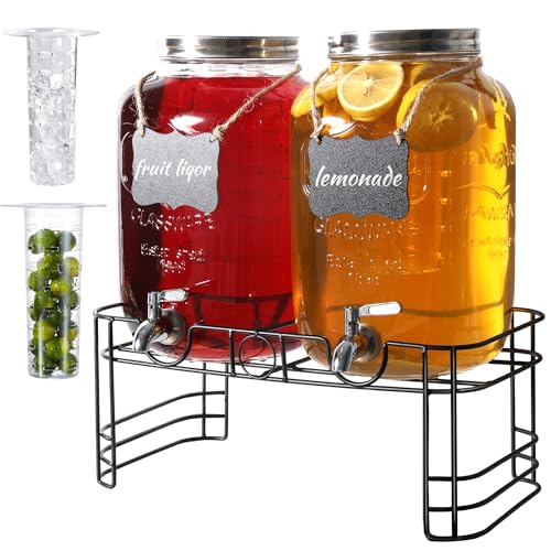 2 Gallon Glass Drink Dispensers with Stand - 2 Pack for Parties & Events