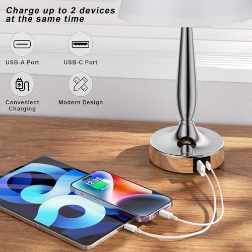 Kakanuo Silver Touch Bedside Table Lamp with USB & 3-Way Dimmable Light - White & Silver