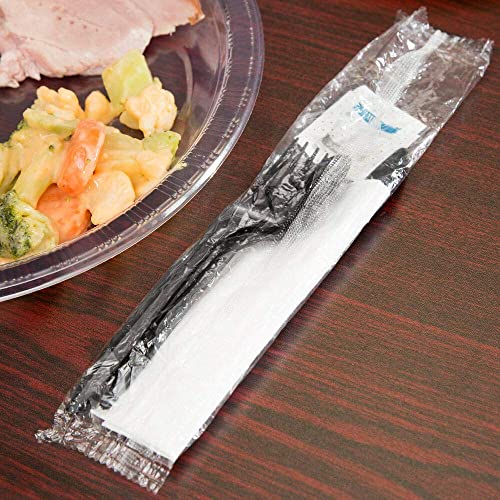 450 Pack Disposable Black Plastic Cutlery Set with Napkins & Salt & Pepper Packets - Individually Wrapped Utensil Kits for Catering and Takeout