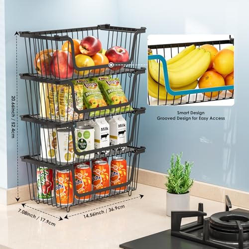 GAOKASE 4 Pack Stackable Wire Baskets Pantry Organizers & Storage Bins, Black